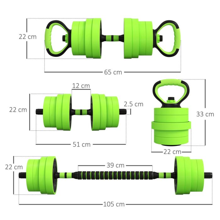 Sportnow 30kg Four-in-one Adjustable Weight Dumbbells Set, Barbell, Kettlebell, Push Up Stand - Green