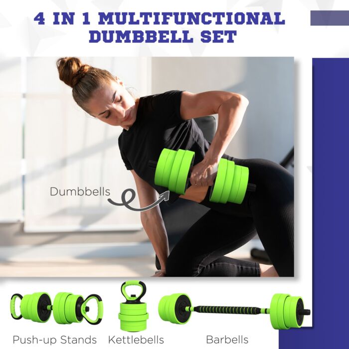 Sportnow 30kg Four-in-one Adjustable Weight Dumbbells Set, Barbell, Kettlebell, Push Up Stand - Green