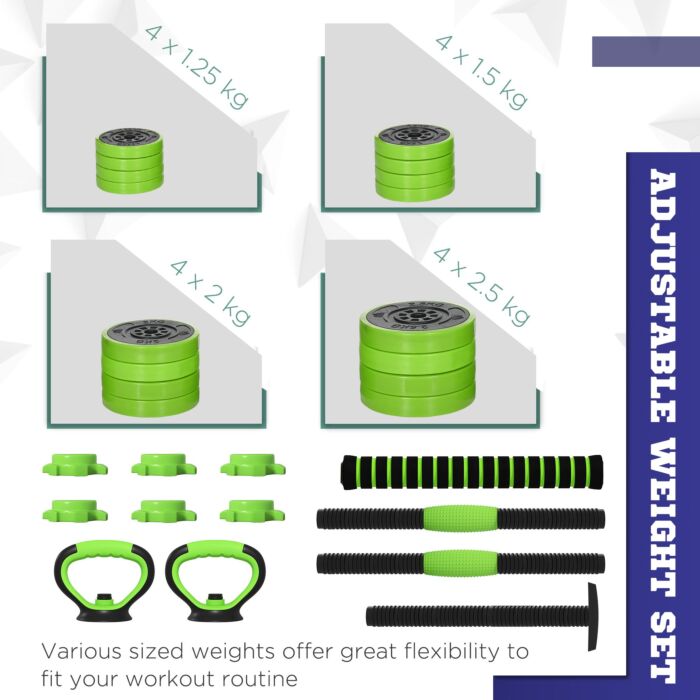 Sportnow 30kg Four-in-one Adjustable Weight Dumbbells Set, Barbell, Kettlebell, Push Up Stand - Green