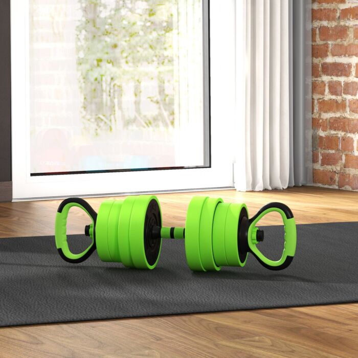 Sportnow 30kg Four-in-one Adjustable Weight Dumbbells Set, Barbell, Kettlebell, Push Up Stand - Green
