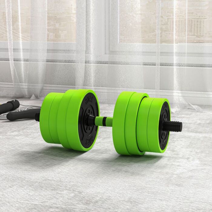 Sportnow 30kg Four-in-one Adjustable Weight Dumbbells Set, Barbell, Kettlebell, Push Up Stand - Green