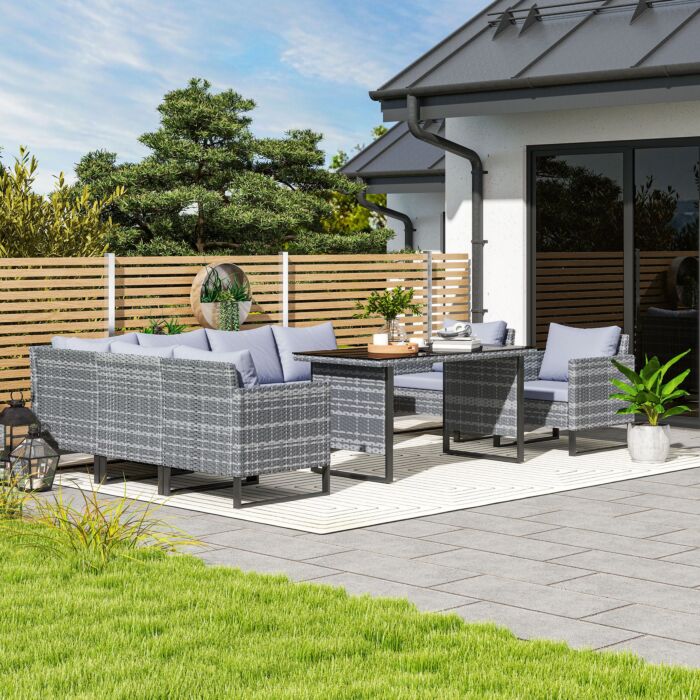 Outsunny 9 Piece Rattan Garden Furniture Set, 8 Seater Garden Corner Sofa With Cushions And Glass Top Table, Sectional Outdoor Furniture Conservatory Set For Patio, Light Grey