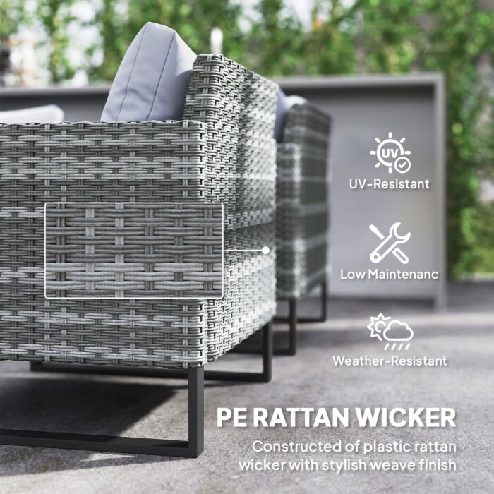Outsunny 9 Piece Rattan Garden Furniture Set, 8 Seater Garden Corner Sofa With Cushions And Glass Top Table, Sectional Outdoor Furniture Conservatory Set For Patio, Light Grey