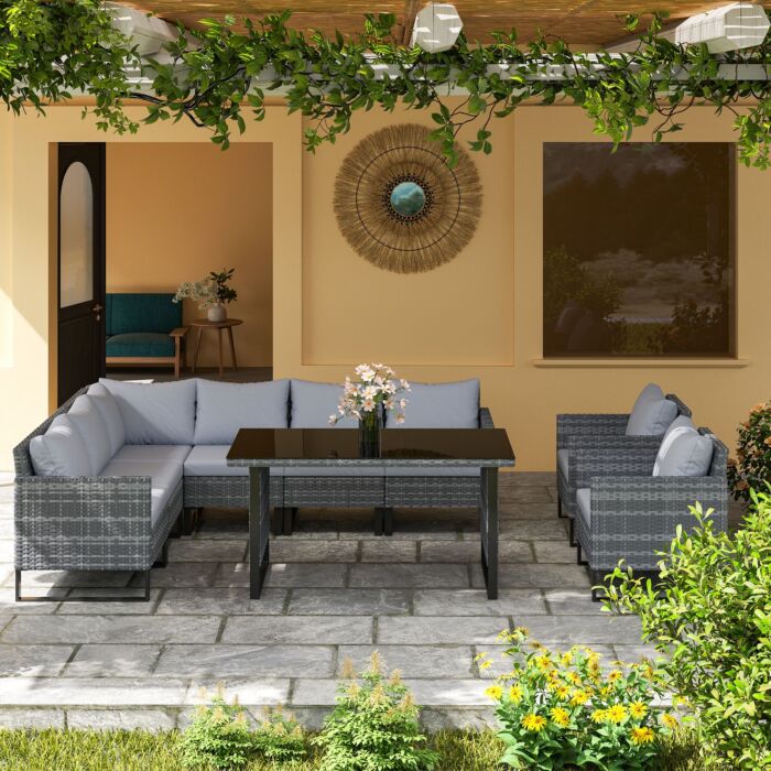 Outsunny 9 Piece Rattan Garden Furniture Set, 8 Seater Garden Corner Sofa With Cushions And Glass Top Table, Sectional Outdoor Furniture Conservatory Set For Patio, Light Grey