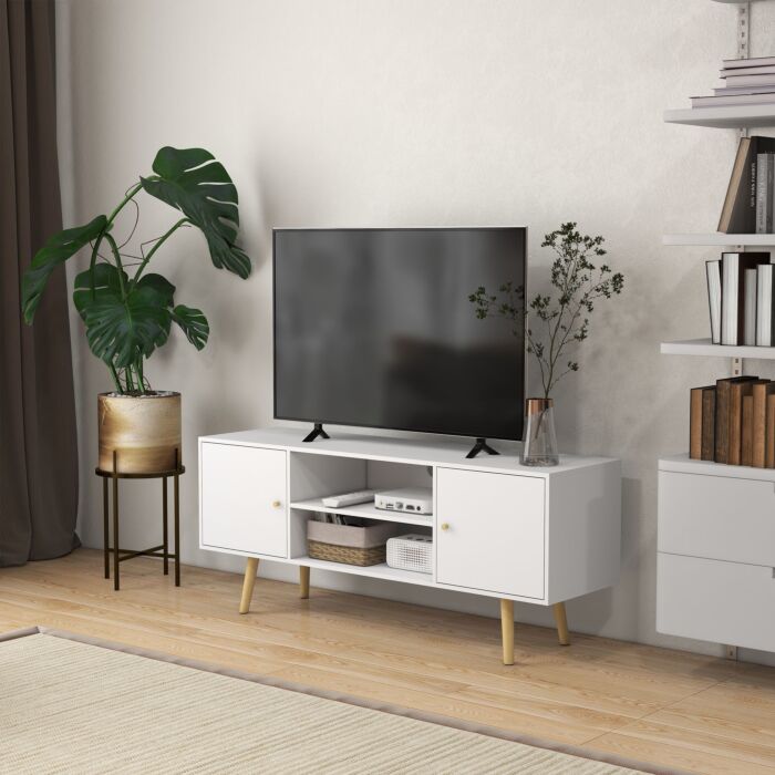 Homcom Tv Unit Cabinet For Tvs Up To 55 Inches, Tv Stand With Storage Shelves And Wood Legs, White