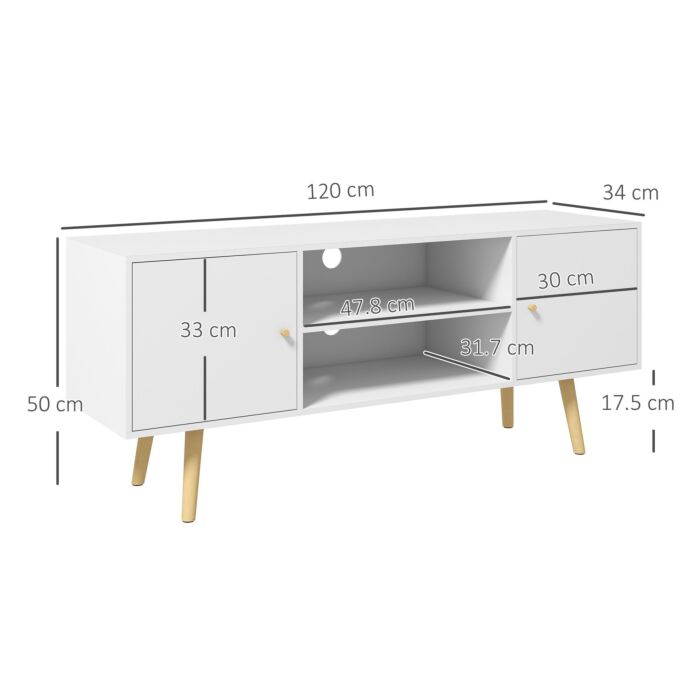 Homcom Tv Unit Cabinet For Tvs Up To 55 Inches, Tv Stand With Storage Shelves And Wood Legs, White