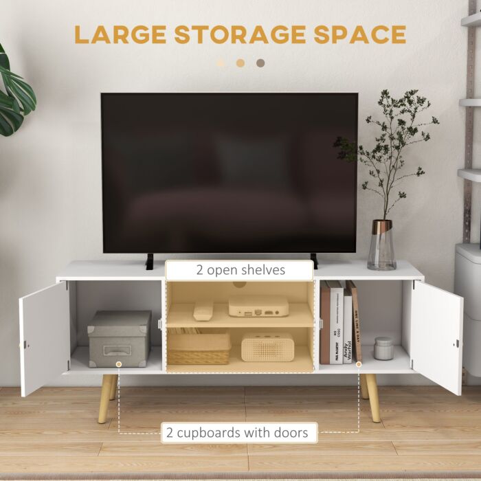 Homcom Tv Unit Cabinet For Tvs Up To 55 Inches, Tv Stand With Storage Shelves And Wood Legs, White