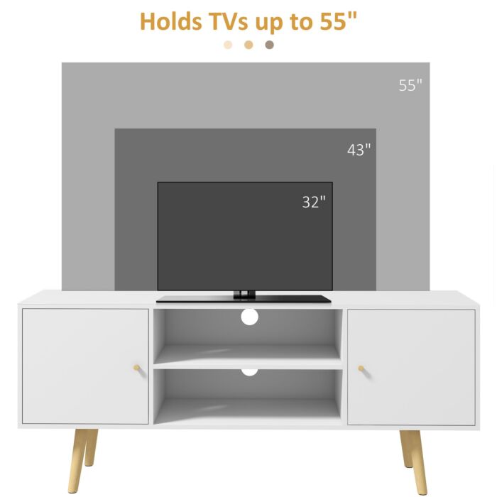 Homcom Tv Unit Cabinet For Tvs Up To 55 Inches, Tv Stand With Storage Shelves And Wood Legs, White