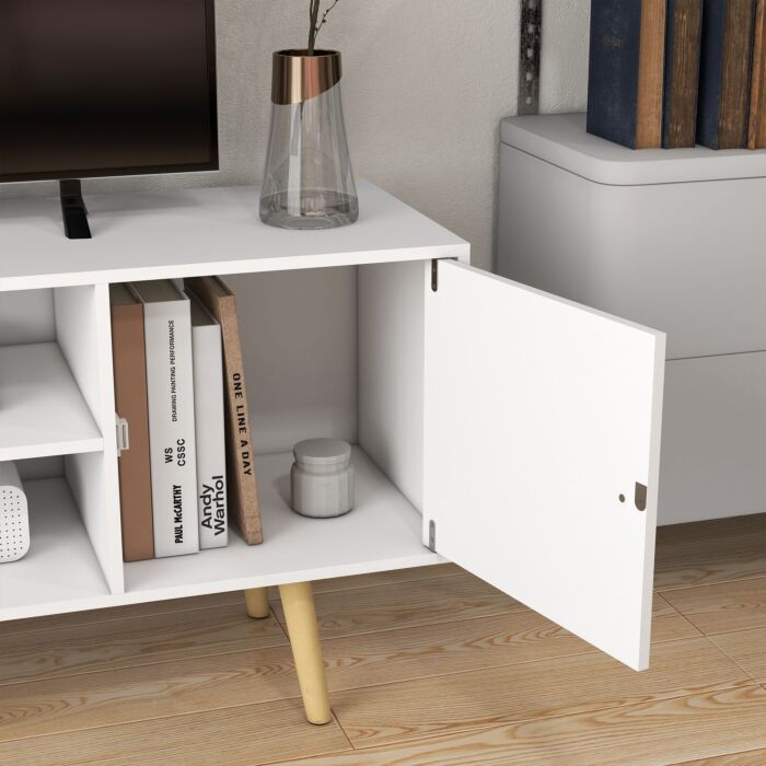 Homcom Tv Unit Cabinet For Tvs Up To 55 Inches, Tv Stand With Storage Shelves And Wood Legs, White