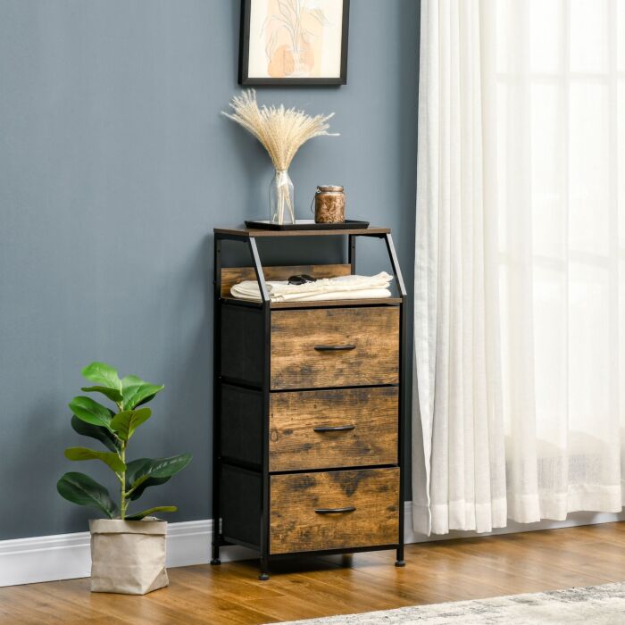 Homcom Industrial Storage Cabinet, Fabric Chest Of Drawers With Display Shelves, 3 Drawers Storage Unit, Rustic Brown
