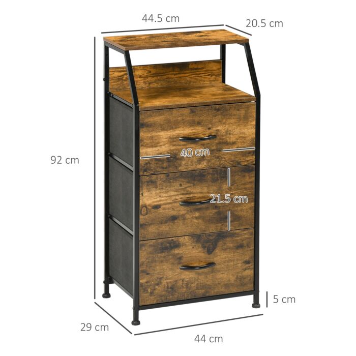 Homcom Industrial Storage Cabinet, Fabric Chest Of Drawers With Display Shelves, 3 Drawers Storage Unit, Rustic Brown