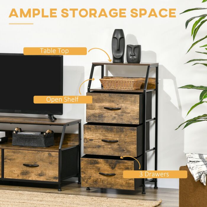 Homcom Industrial Storage Cabinet, Fabric Chest Of Drawers With Display Shelves, 3 Drawers Storage Unit, Rustic Brown
