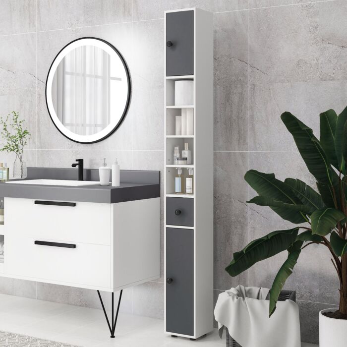 Kleankin 180cm Tall Slim Bathroom Cabinet, Narrow Toilet Roll Storage With Open Shelves, 2 Door Cabinets, Adjustable Shelves, For Kitchen, Grey