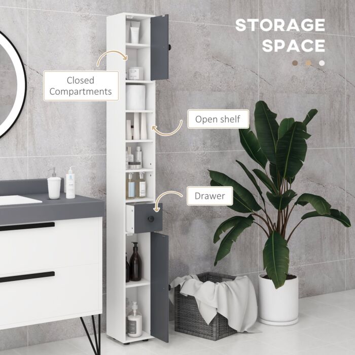 Kleankin 180cm Tall Slim Bathroom Cabinet, Narrow Toilet Roll Storage With Open Shelves, 2 Door Cabinets, Adjustable Shelves, For Kitchen, Grey