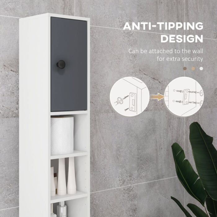 Kleankin 180cm Tall Slim Bathroom Cabinet, Narrow Toilet Roll Storage With Open Shelves, 2 Door Cabinets, Adjustable Shelves, For Kitchen, Grey