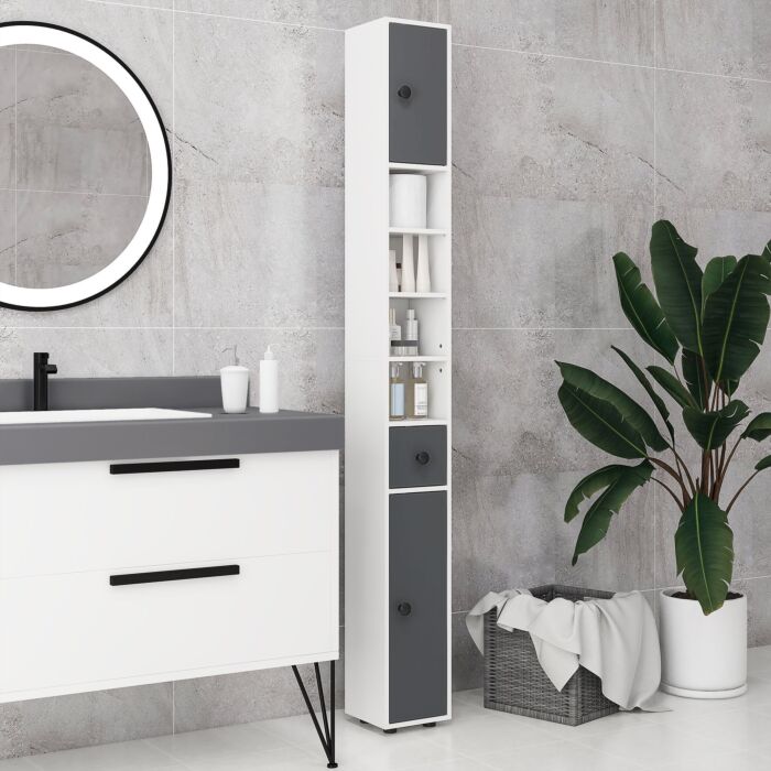 Kleankin 180cm Tall Slim Bathroom Cabinet, Narrow Toilet Roll Storage With Open Shelves, 2 Door Cabinets, Adjustable Shelves, For Kitchen, Grey