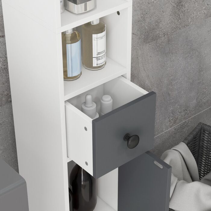 Kleankin 180cm Tall Slim Bathroom Cabinet, Narrow Toilet Roll Storage With Open Shelves, 2 Door Cabinets, Adjustable Shelves, For Kitchen, Grey