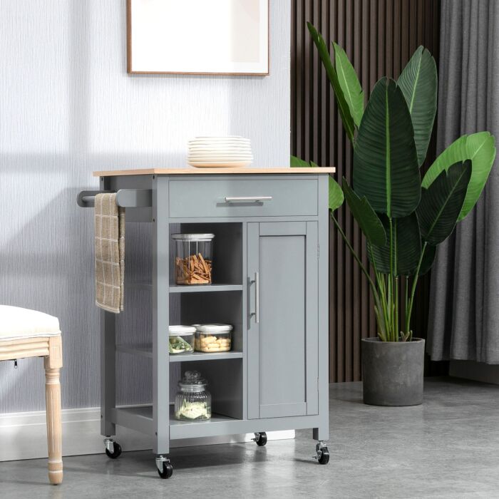 Homcom Compact Kitchen Trolley Utility Cart On Wheels With Open Shelf & Storage Drawer, Grey