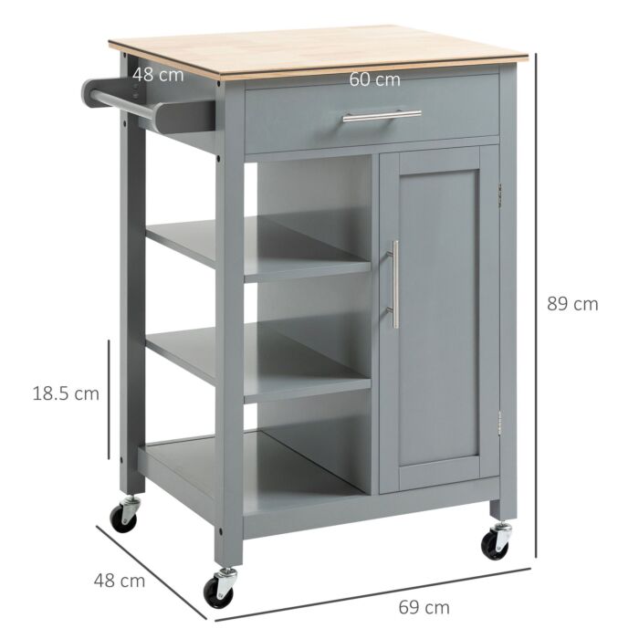 Homcom Compact Kitchen Trolley Utility Cart On Wheels With Open Shelf & Storage Drawer, Grey