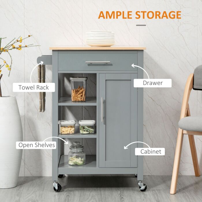 Homcom Compact Kitchen Trolley Utility Cart On Wheels With Open Shelf & Storage Drawer, Grey
