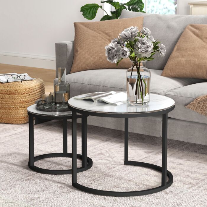 Homcom Glass Coffee Table Set Of 2, Round Nest Of Tables With Marble-effect Tempered Glass Tabletop And Steel Frame, Modern Side Tables For Living Room, White
