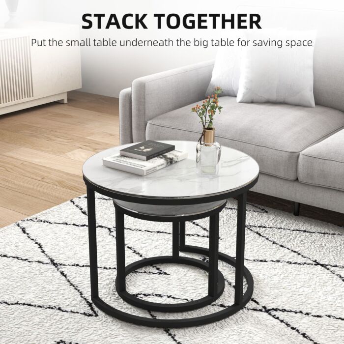 Homcom Glass Coffee Table Set Of 2, Round Nest Of Tables With Marble-effect Tempered Glass Tabletop And Steel Frame, Modern Side Tables For Living Room, White