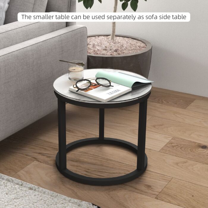Homcom Glass Coffee Table Set Of 2, Round Nest Of Tables With Marble-effect Tempered Glass Tabletop And Steel Frame, Modern Side Tables For Living Room, White