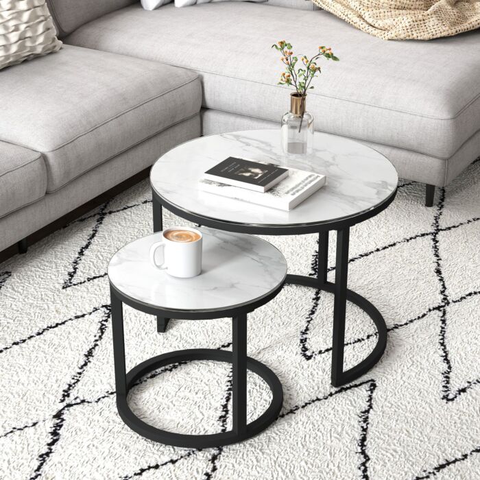 Homcom Glass Coffee Table Set Of 2, Round Nest Of Tables With Marble-effect Tempered Glass Tabletop And Steel Frame, Modern Side Tables For Living Room, White