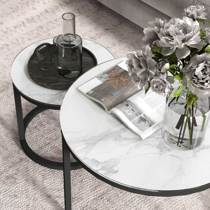 Homcom Glass Coffee Table Set Of 2, Round Nest Of Tables With Marble-effect Tempered Glass Tabletop And Steel Frame, Modern Side Tables For Living Room, White