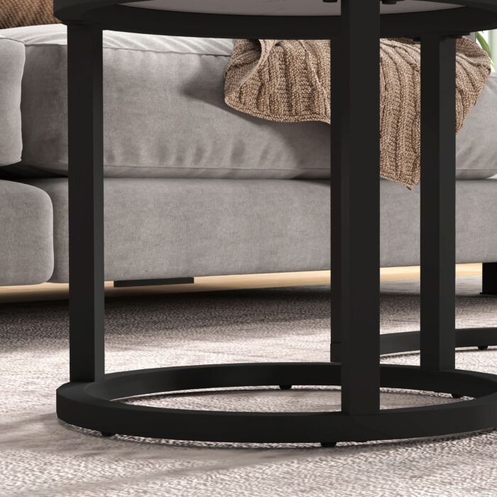 Homcom Glass Coffee Table Set Of 2, Round Nest Of Tables With Marble-effect Tempered Glass Tabletop And Steel Frame, Modern Side Tables For Living Room, White