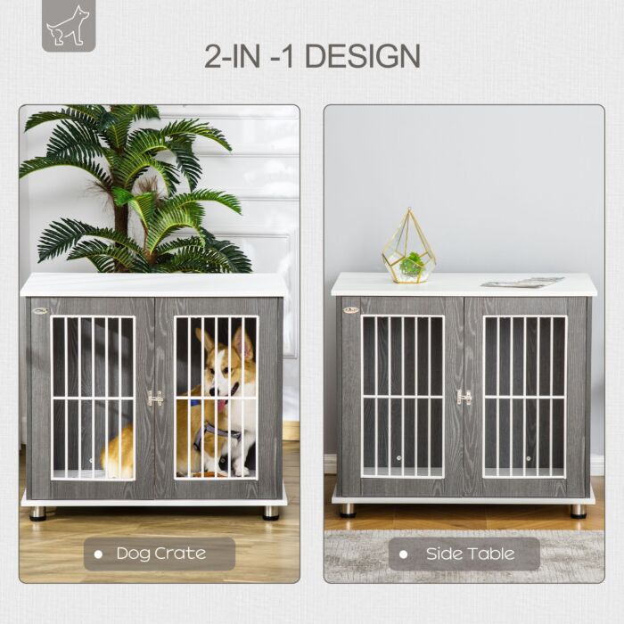 Pawhut Dog Crate, Wooden Pet Kennel Cage With Lockable Door And Adjustable Foot Pads, Modern Design, Grey And White