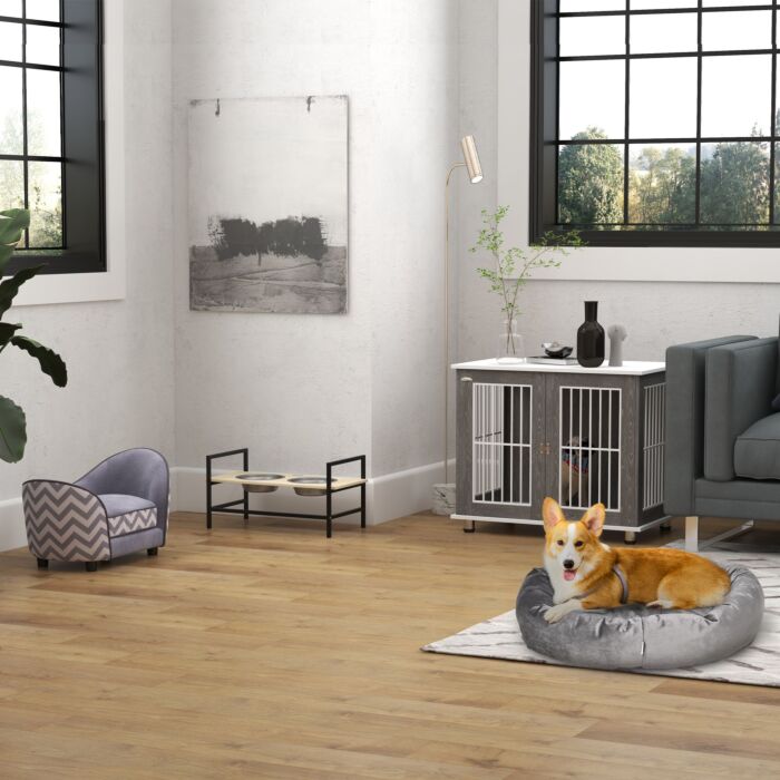 Pawhut Dog Crate, Wooden Pet Kennel Cage With Lockable Door And Adjustable Foot Pads, Modern Design, Grey And White