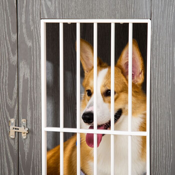 Pawhut Dog Crate, Wooden Pet Kennel Cage With Lockable Door And Adjustable Foot Pads, Modern Design, Grey And White