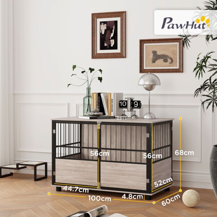 Pawhut 100cm Furniture Style Dog Crate Dog Cage End Table Indoor With 3 Doors Soft Washable Cushion, For Large Sized Dogs