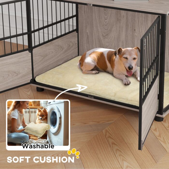 Pawhut 100cm Furniture Style Dog Crate Dog Cage End Table Indoor With 3 Doors Soft Washable Cushion, For Large Sized Dogs