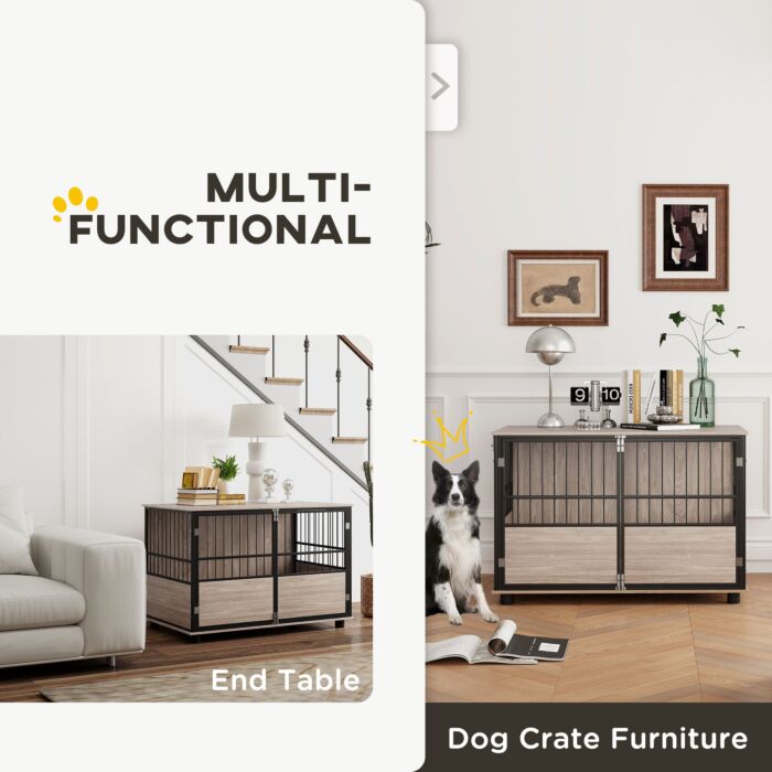 Pawhut 100cm Furniture Style Dog Crate Dog Cage End Table Indoor With 3 Doors Soft Washable Cushion, For Large Sized Dogs