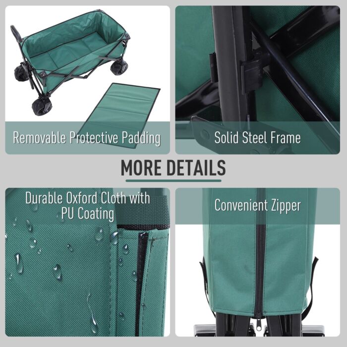 Outsunny Outdoor Pull Along Cart Folding Cargo Wagon Trailer Trolley For Beach Garden Use With Telescopic Handle, Anti-slip Wheel - Green