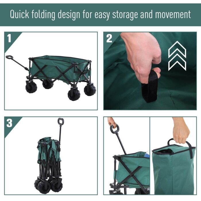 Outsunny Outdoor Pull Along Cart Folding Cargo Wagon Trailer Trolley For Beach Garden Use With Telescopic Handle, Anti-slip Wheel - Green