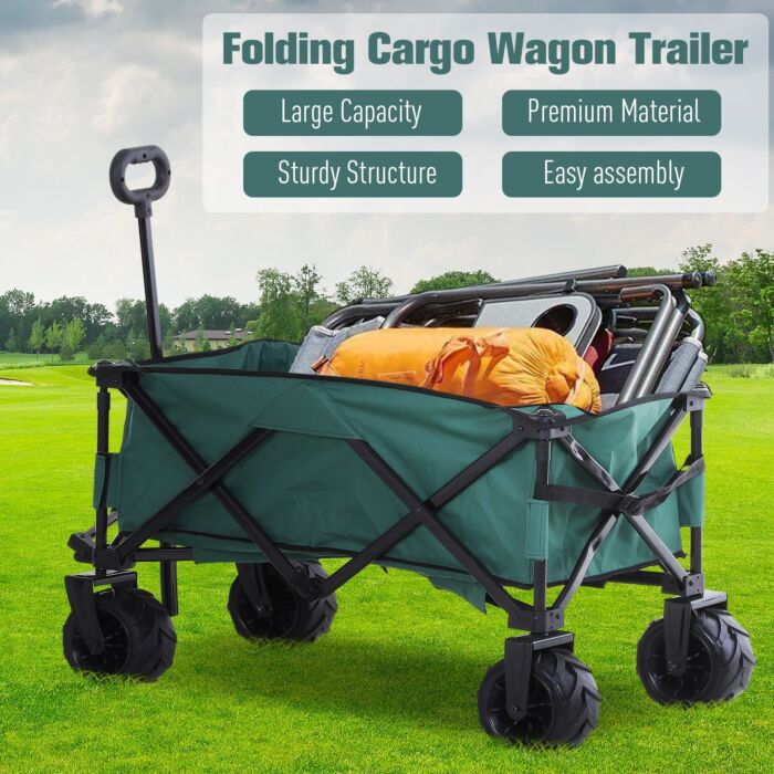 Outsunny Outdoor Pull Along Cart Folding Cargo Wagon Trailer Trolley For Beach Garden Use With Telescopic Handle, Anti-slip Wheel - Green