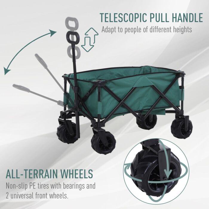 Outsunny Outdoor Pull Along Cart Folding Cargo Wagon Trailer Trolley For Beach Garden Use With Telescopic Handle, Anti-slip Wheel - Green