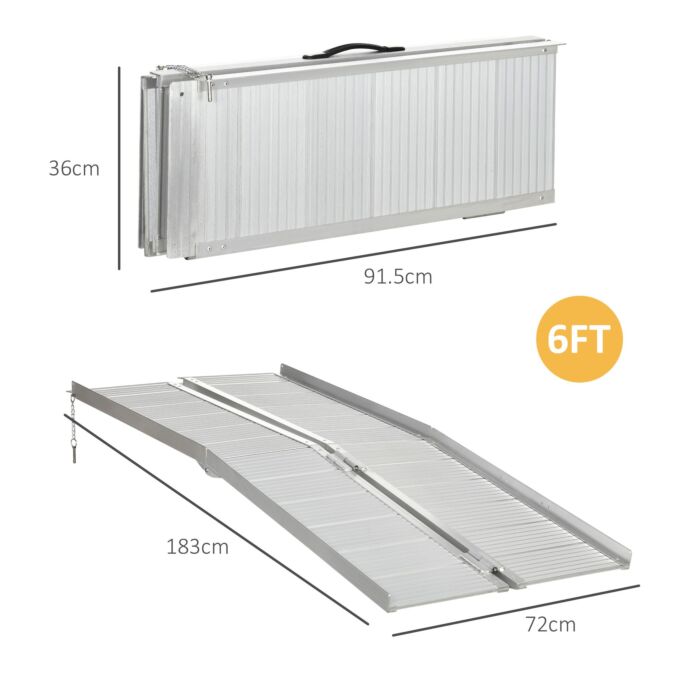 Homcom Textured Aluminum Folding Wheelchair Ramp, 183 X 72 Cm Portable Threshold Ramp, For Scooter Steps Home Stairs