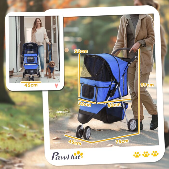 Pawhut Dog Pram Pet Travel Stroller Dog Pushchair W/three Wheels-blue