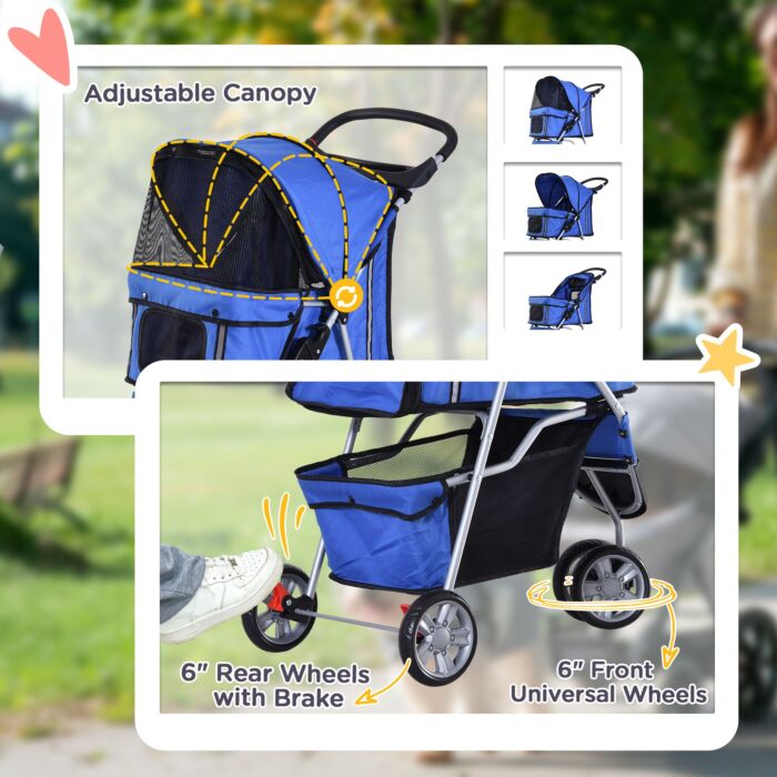 Pawhut Dog Pram Pet Travel Stroller Dog Pushchair W/three Wheels-blue