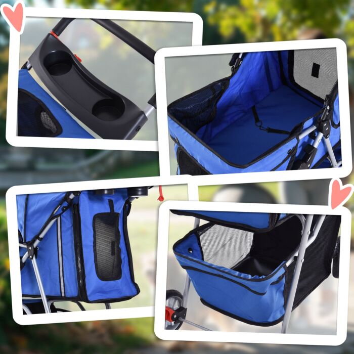 Pawhut Dog Pram Pet Travel Stroller Dog Pushchair W/three Wheels-blue