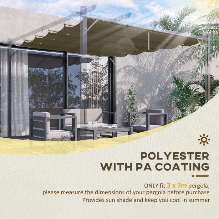 Outsunny Retractable Pergola Shade Cover, Replacement Canopy Fabric For 3 X 3 (m) Pergola, Gazebo Retractable Roof, Tan