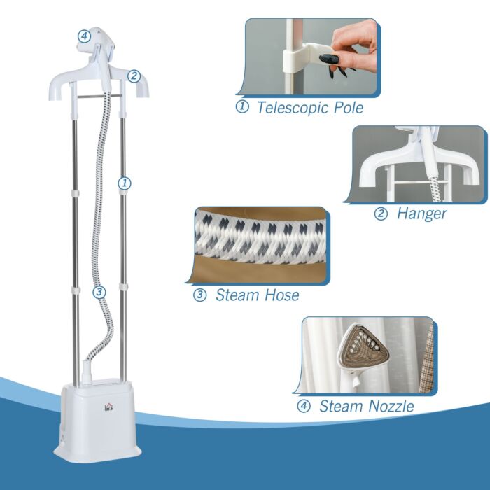 Homcom Upright Garment Clothes Steamer With 6 Steam Setting, 45s Fast Heat-up, 1.7l Water Tank And 45min Steamer, Wrinkle And Odour Remover, White