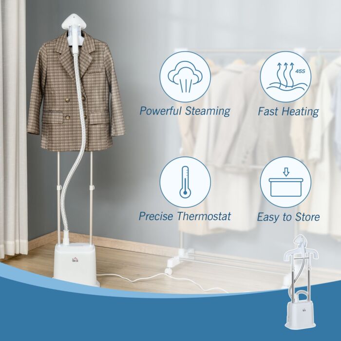 Homcom Upright Garment Clothes Steamer With 6 Steam Setting, 45s Fast Heat-up, 1.7l Water Tank And 45min Steamer, Wrinkle And Odour Remover, White