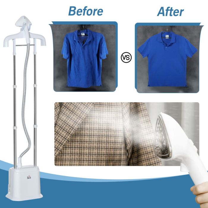 Homcom Upright Garment Clothes Steamer With 6 Steam Setting, 45s Fast Heat-up, 1.7l Water Tank And 45min Steamer, Wrinkle And Odour Remover, White