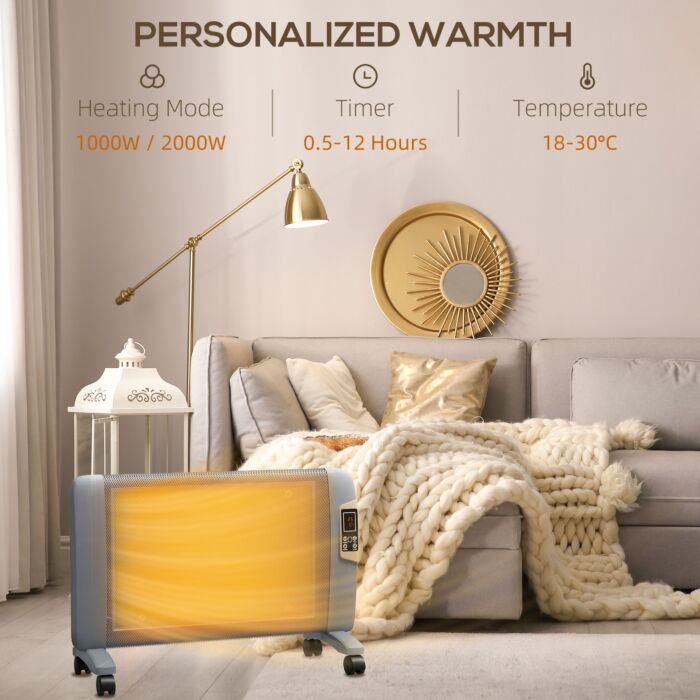 Homcom Mica Electric Space Heater, Portable Heater For Home With 2 Heat Settings, Garage, Adjustable Temperature 15-40°c, 1000w/2000w, Grey