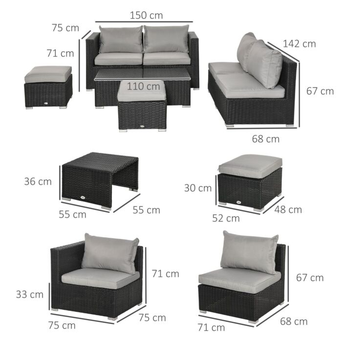 Outsunny 6-seater Garden Rattan Wicker Sofa Set W/ Coffee Table, Wicker Weave Chair, Space-saving Footstool, Padded Cushions, Black